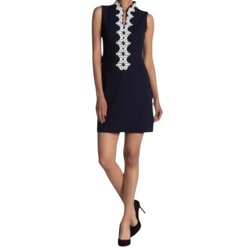Vince Camuto Navy Blue Sleeveless Sheath Dress with White Lace Detail 22W